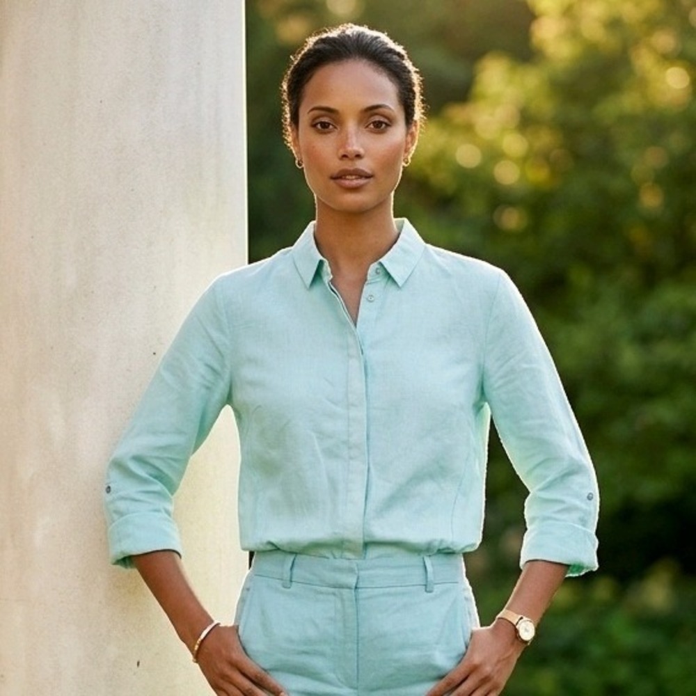 Elie‎ Tahari M Women's Seafoam Linen Blend Button Down Shirt Roll Tab Sleeves